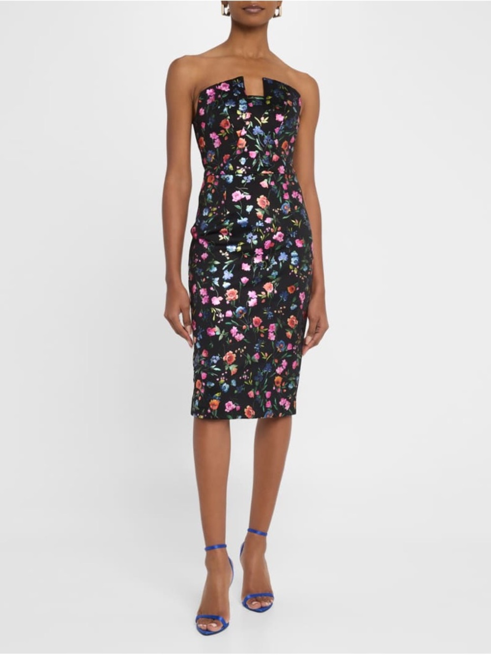 Lena Strapless Floral-Print Midi Sheath Dress
